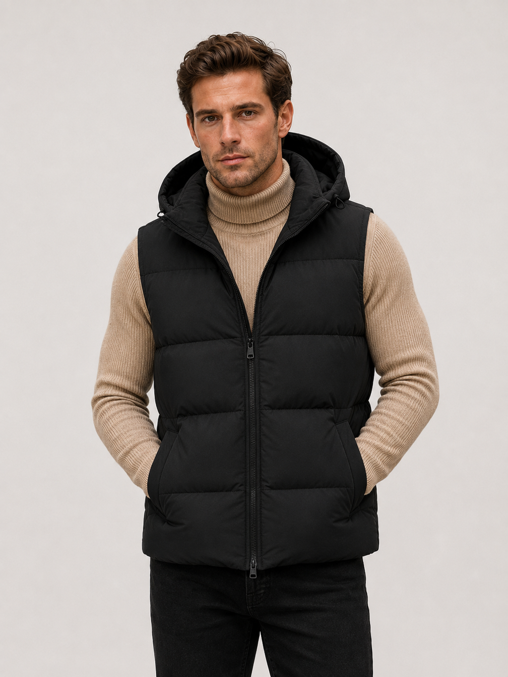 Front view of a man wearing a black hooded puffer vest with thick insulation, a full zip front, and sleeveless winter design