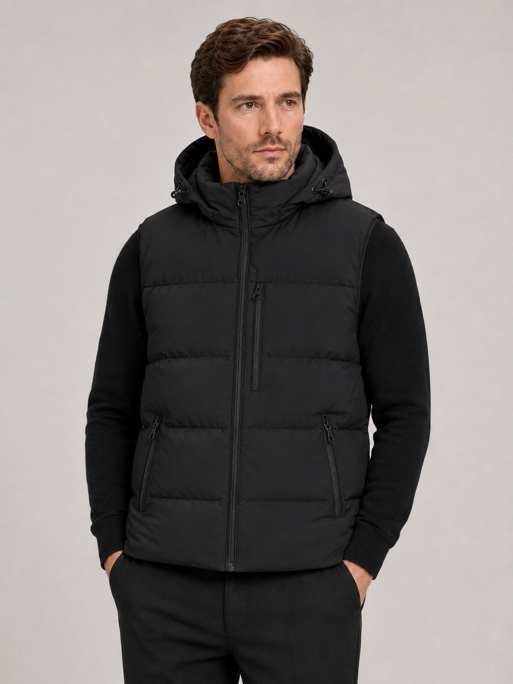 Front view of a man wearing a black hooded puffer vest with a windproof shell, thick insulation, sleeveless design, and full zip front