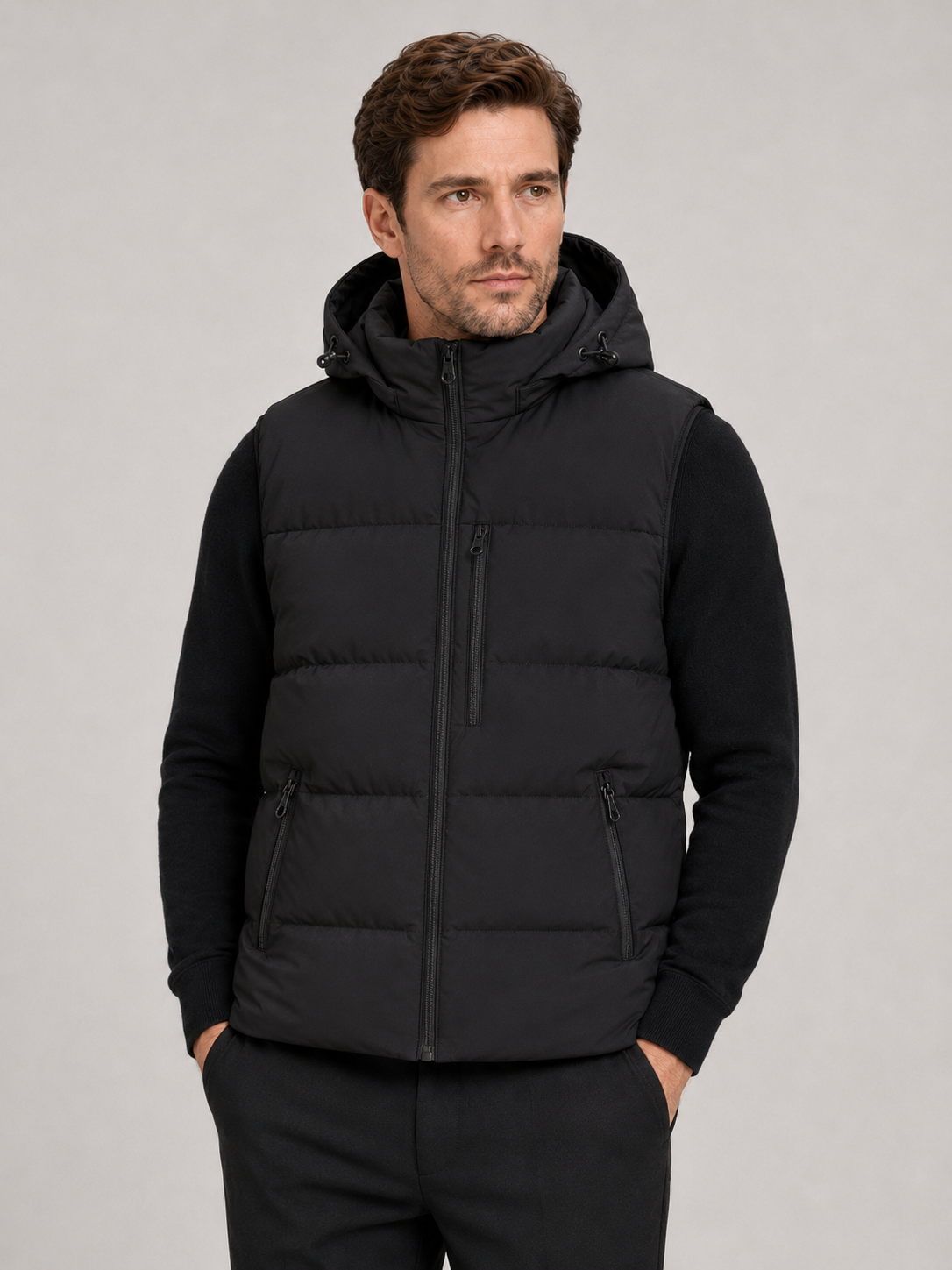 Front view of a man wearing a black hooded puffer vest with a windproof shell, thick insulation, sleeveless design, and full zip front
