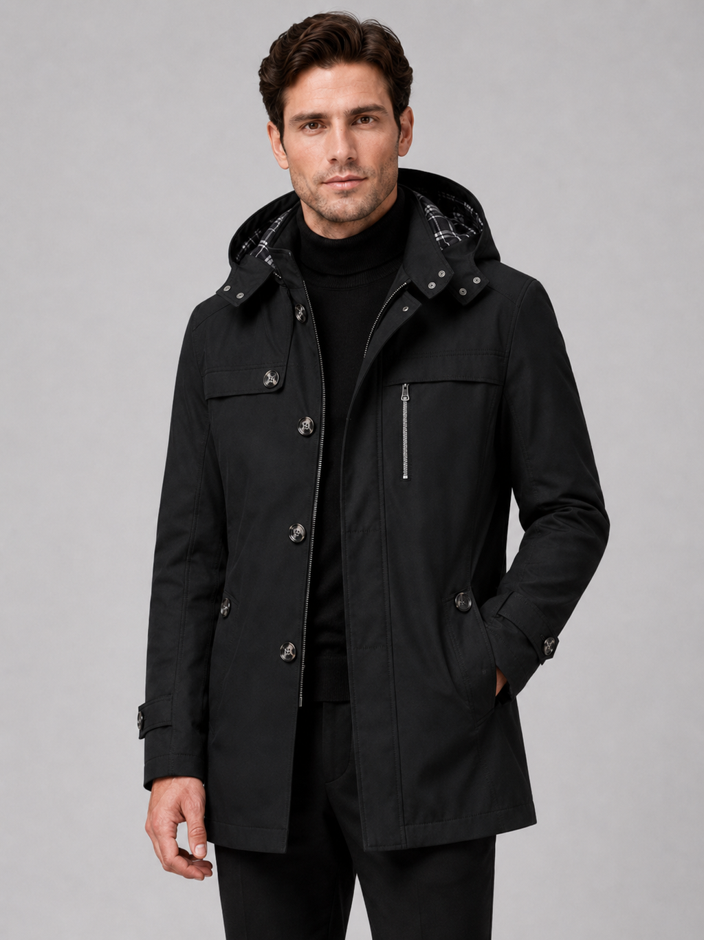 Men wearing black hooded trench coat long thick cotton fall winter casual outdoor style