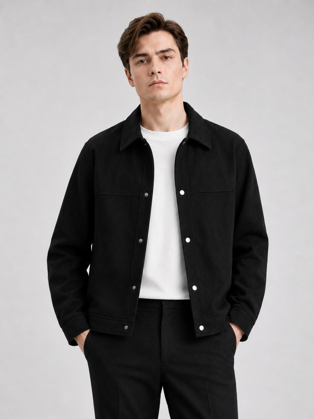 Men wearing black corduroy jacket lapel loose fit fall casual streetwear style