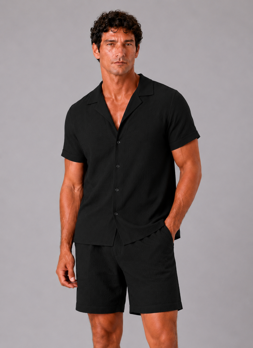 Men wearing black jacquard cotton two piece set lightweight breathable summer casual outfit