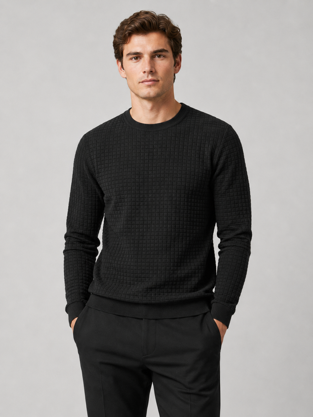 Men wearing black jacquard crew neck sweater slim fit long sleeve warm fall winter casual style
