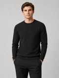 Men wearing black jacquard crew neck sweater slim fit long sleeve warm fall winter casual style