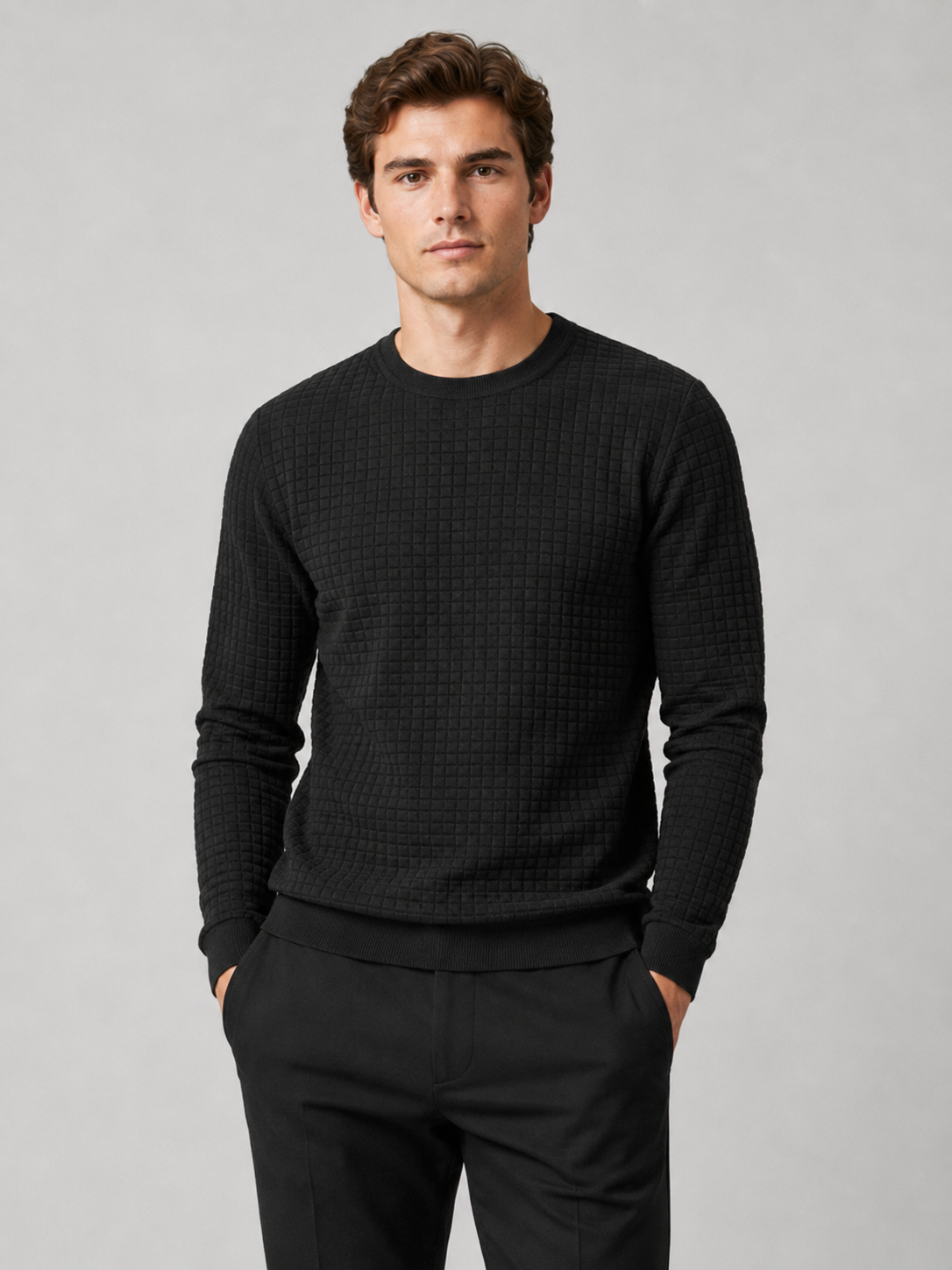 Men wearing black jacquard crew neck sweater slim fit long sleeve warm fall winter casual style