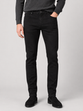 Front view of a man wearing black stretch denim jeans with a slim fit, classic five-pocket design, and modern casual style