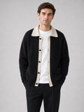 Men wearing black knit cardigan sweater contrast collar button up fall winter business casual style