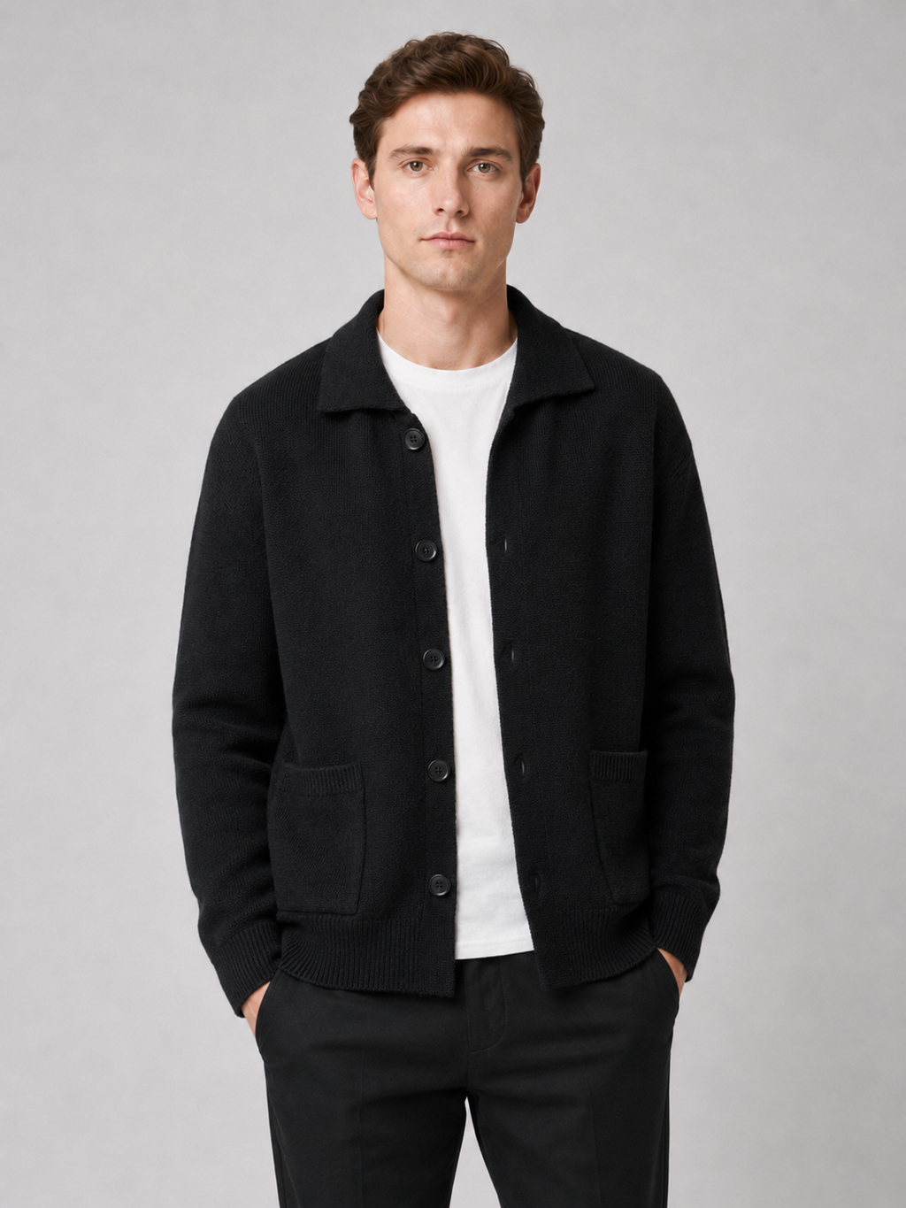 Men wearing black knit cardigan sweater lapel button up solid color spring fall business casual style