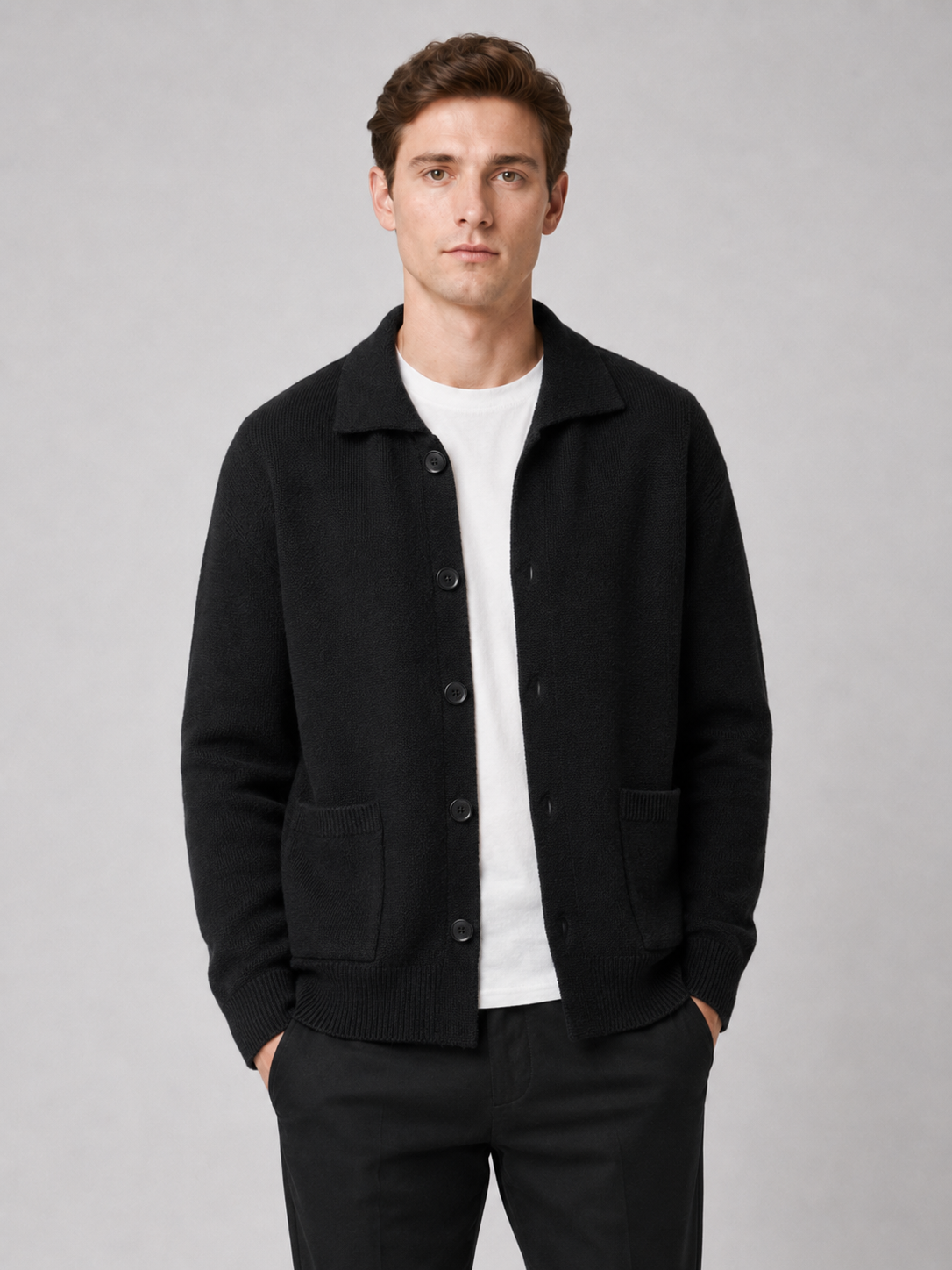 Men wearing black knit cardigan sweater lapel button up solid color spring fall business casual style