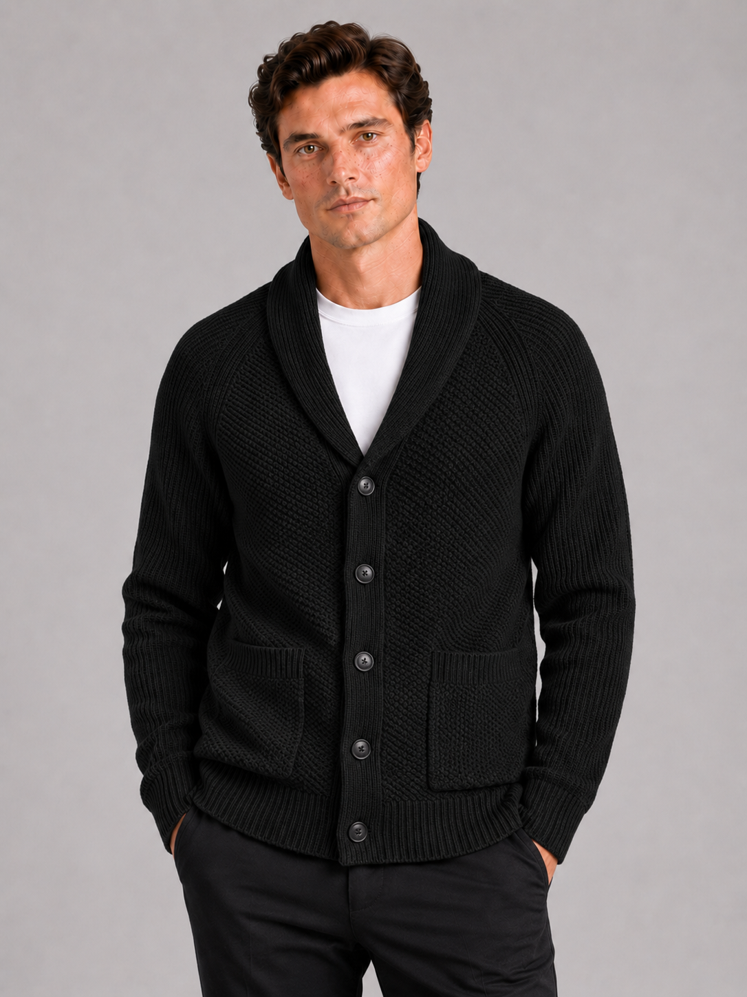 Men wearing black knit cardigan sweater long sleeve front pocket fall winter casual style