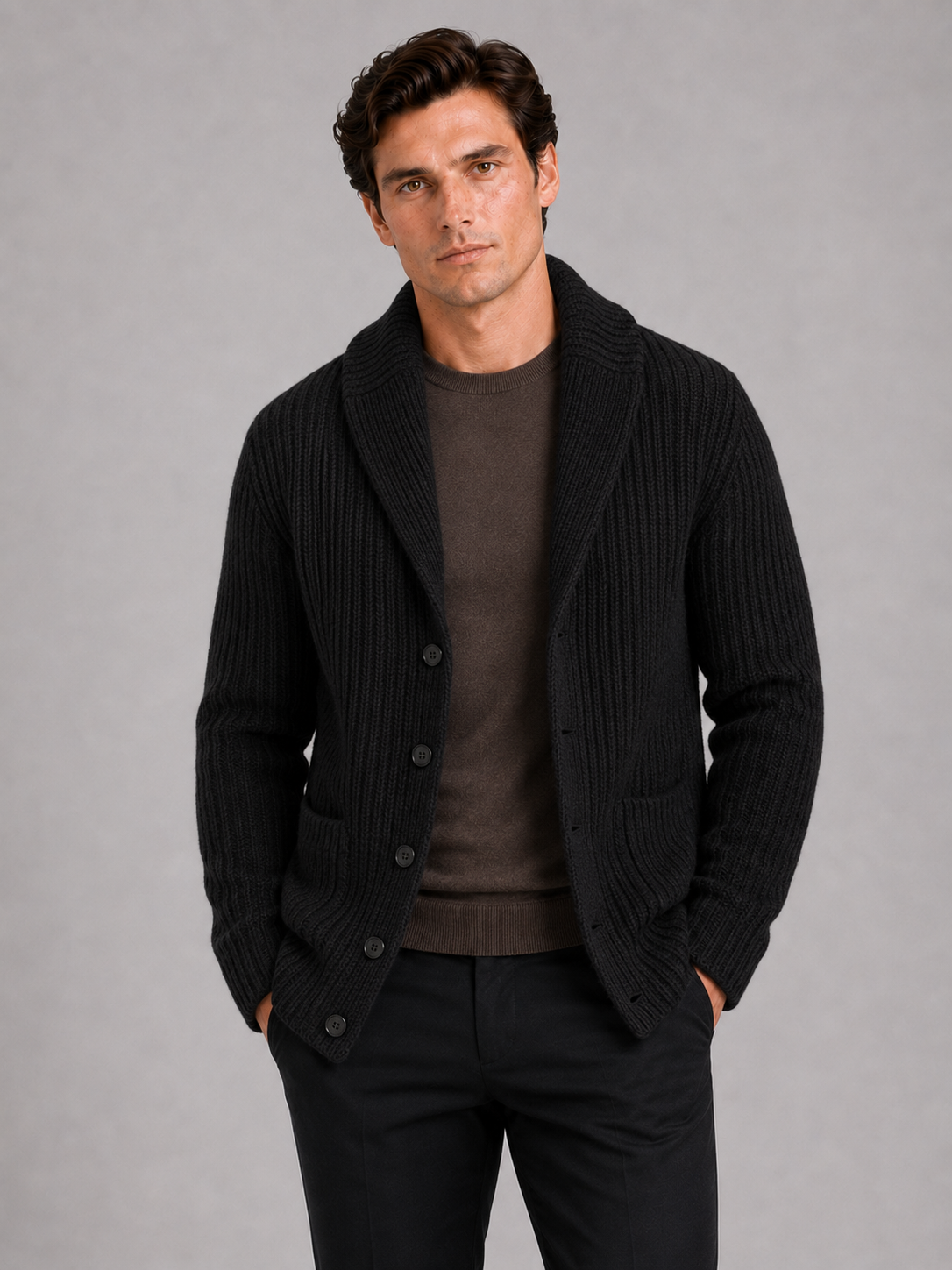 Men wearing black knit cardigan sweater slim fit lapel button up warm fall winter style