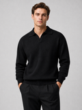Men wearing black knit polo shirt long sleeve v neck turn down collar fall business casual style