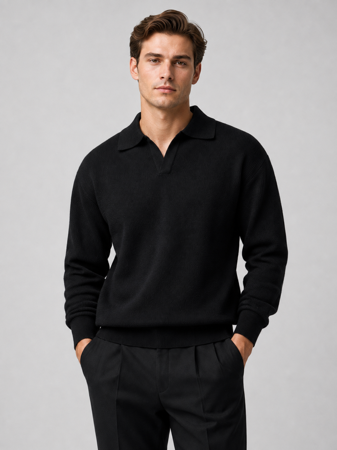 Men wearing black knit polo shirt long sleeve v neck turn down collar fall business casual style