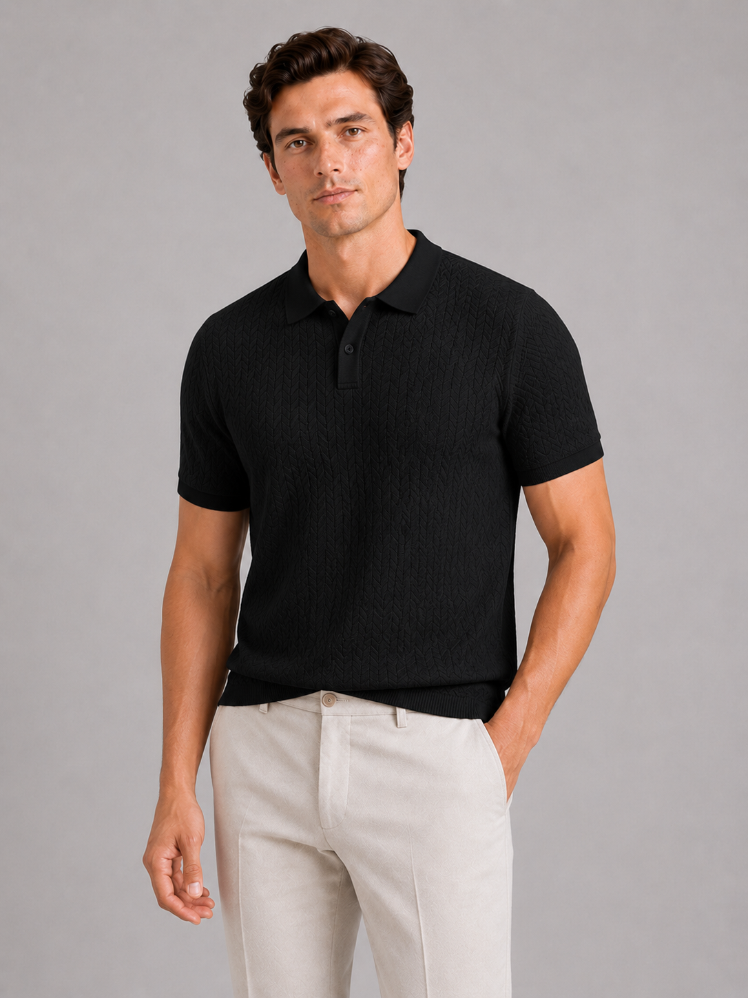 Men wearing black knit polo shirt short sleeve breathable solid color summer casual style