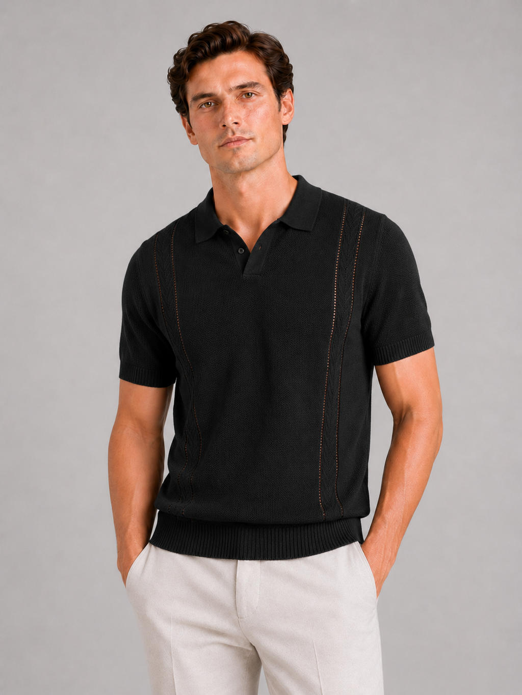 Men wearing black knit polo shirt short sleeve breathable lightweight summer vacation style