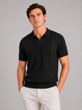 Men wearing black knit polo shirt short sleeve breathable lightweight summer vacation style