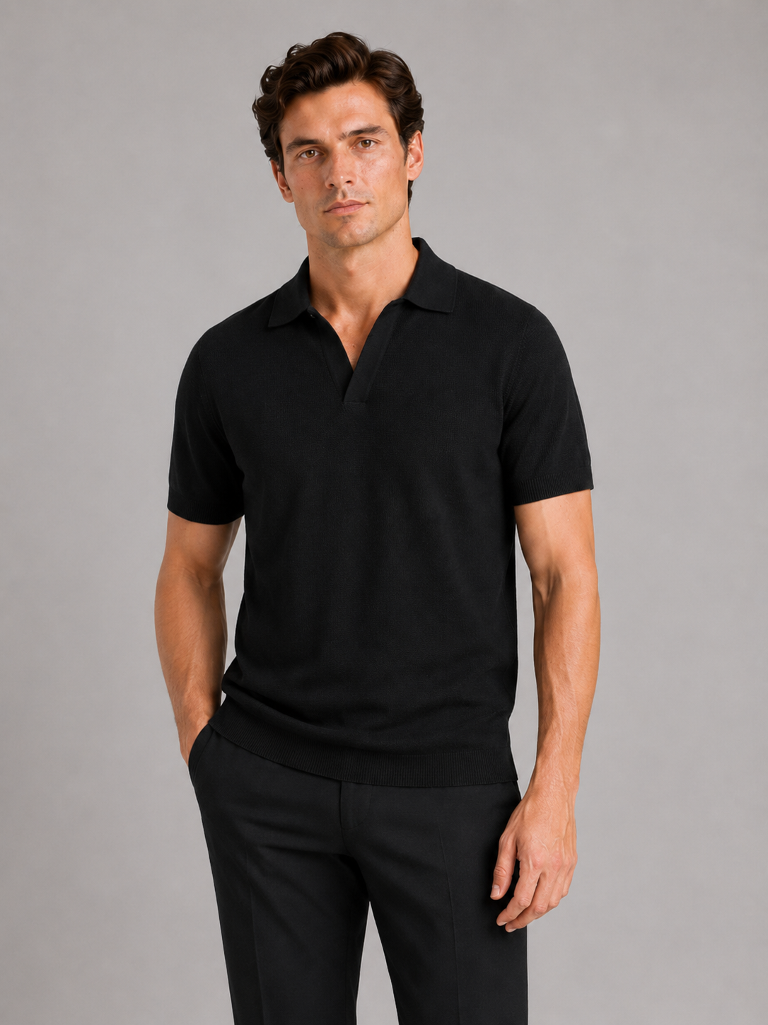 Men wearing black knit polo t shirt solid color short sleeve lightweight summer business casual style