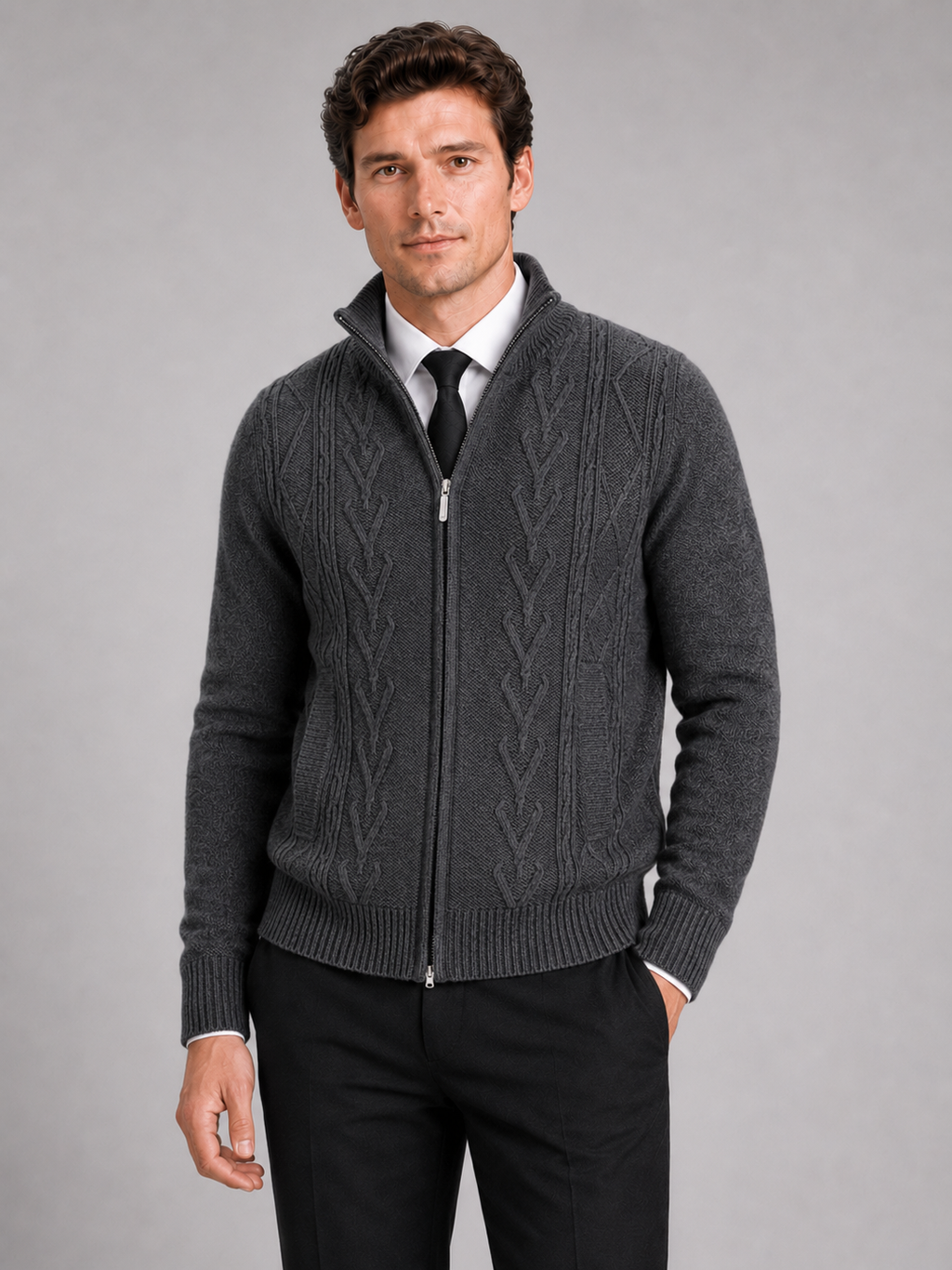 Men wearing black knit stand collar full zip sweater thick warm fall winter casual style