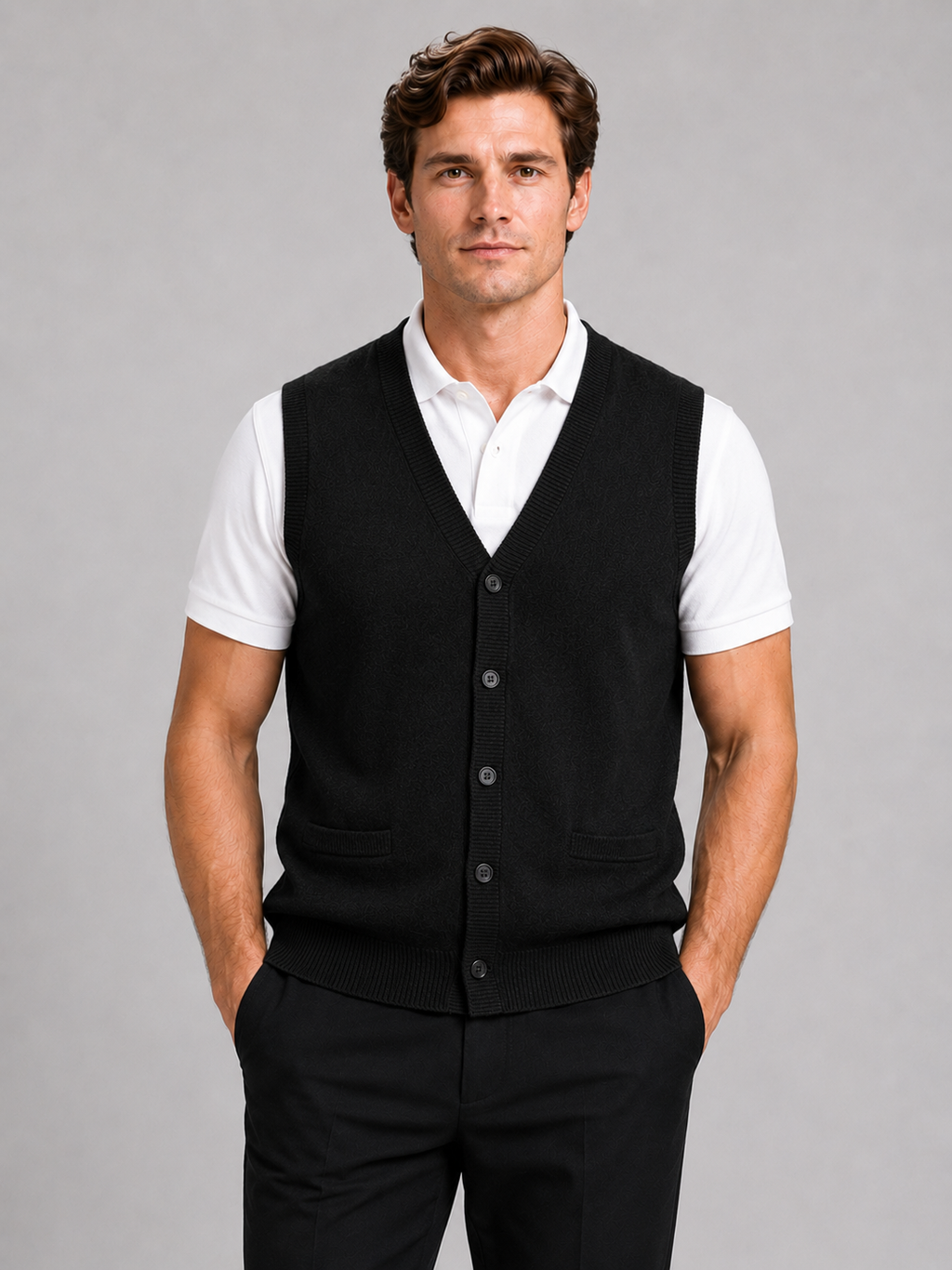 Men wearing black knit sweater vest v neck button up fall winter business casual style