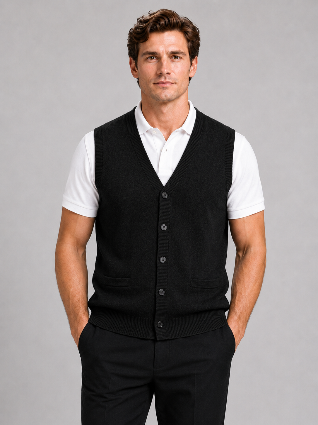 Men wearing black knit sweater vest v neck button up fall winter business casual style
