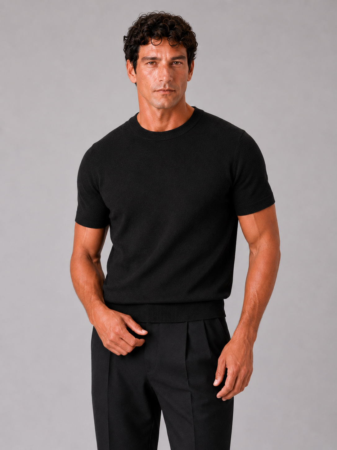 Men wearing black knit t shirt lightweight short sleeve summer lounge top with crew neck