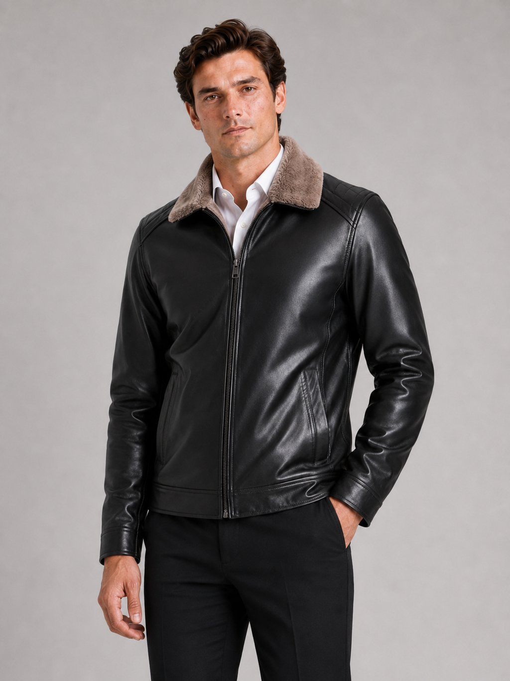 Men wearing black leather biker jacket fleece lined warm winter casual streetwear style