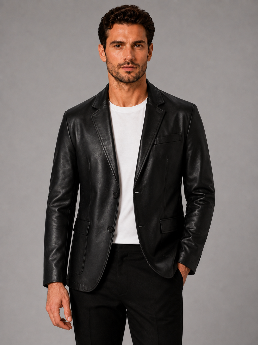 Front view of a man wearing a black leather blazer jacket with a slim fit, notched lapel, single-breasted design, and tailored silhouette
