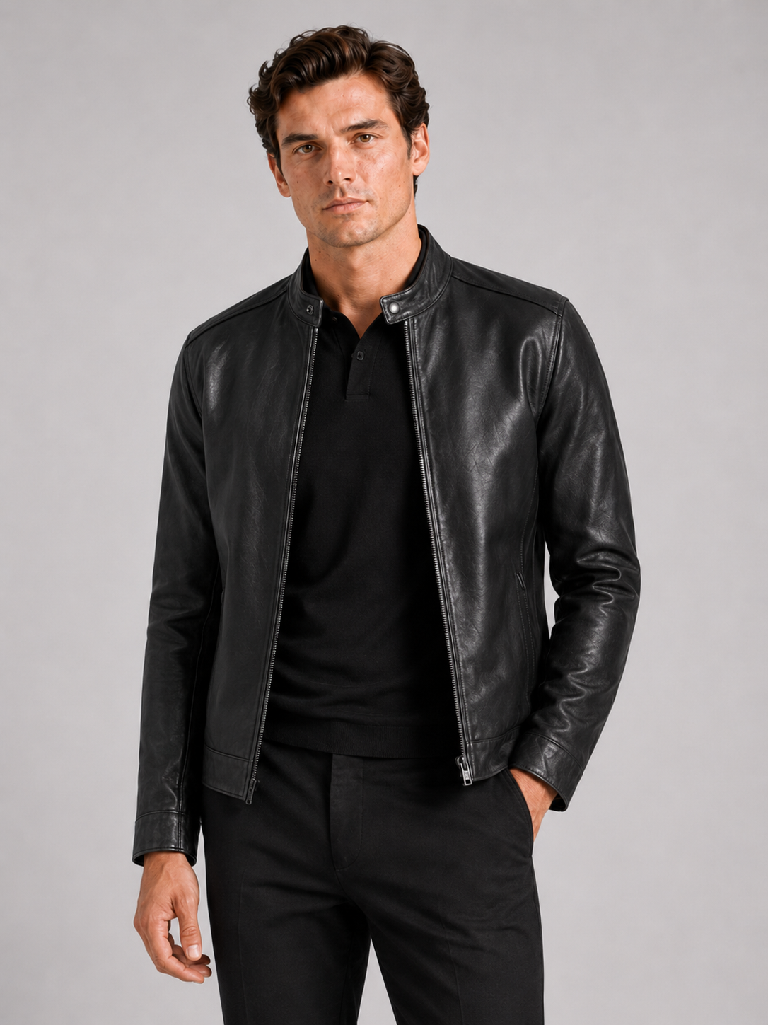 Men wearing black leather moto jacket slim fit stand collar zip up fall casual style