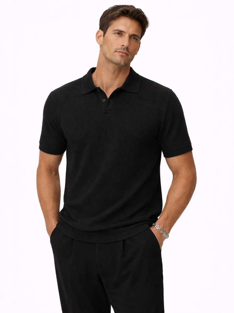 Black organic mesh knit polo shirt for men lightweight breathable summer luxury outfit