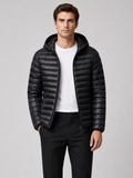 Men wearing black lightweight hooded down puffer jacket thermal fall winter travel style