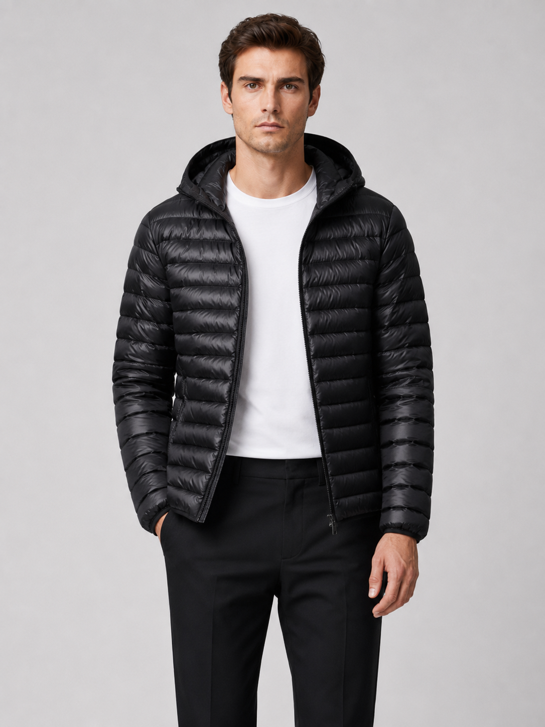 Men wearing black lightweight hooded down puffer jacket thermal fall winter travel style