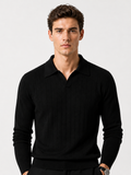 Men wearing black long sleeve jacquard knit polo shirt refined business casual spring style