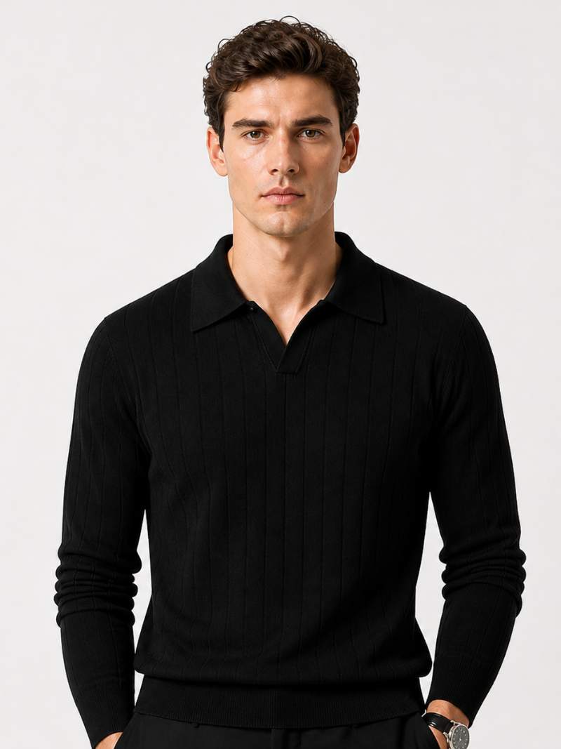 Men wearing black long sleeve jacquard knit polo shirt refined business casual spring style