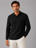 Men wearing black long sleeve polo shirt business casual knit top for smart casual wear