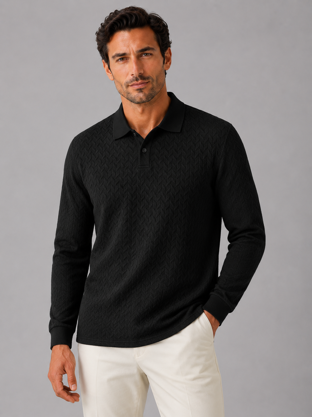 Men wearing black long sleeve polo shirt business casual knit top for smart casual wear