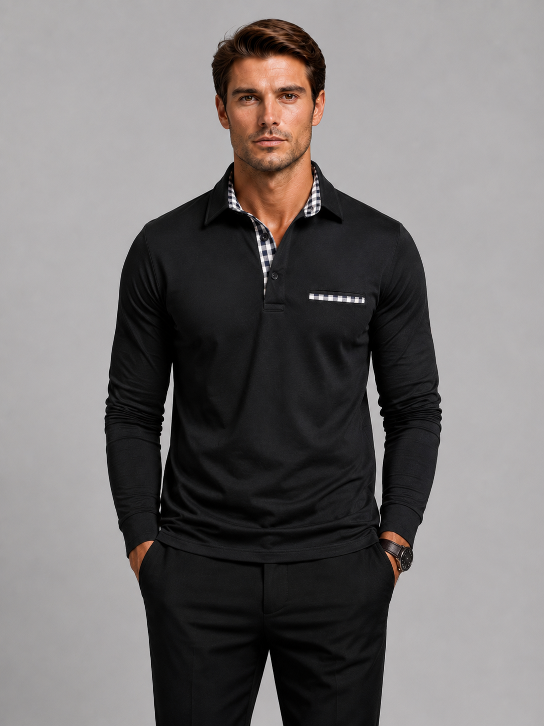 Men wearing black long sleeve polo shirt with plaid panel business casual fall style