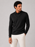 Men wearing black long sleeve polo shirt lightweight solid color business casual office style