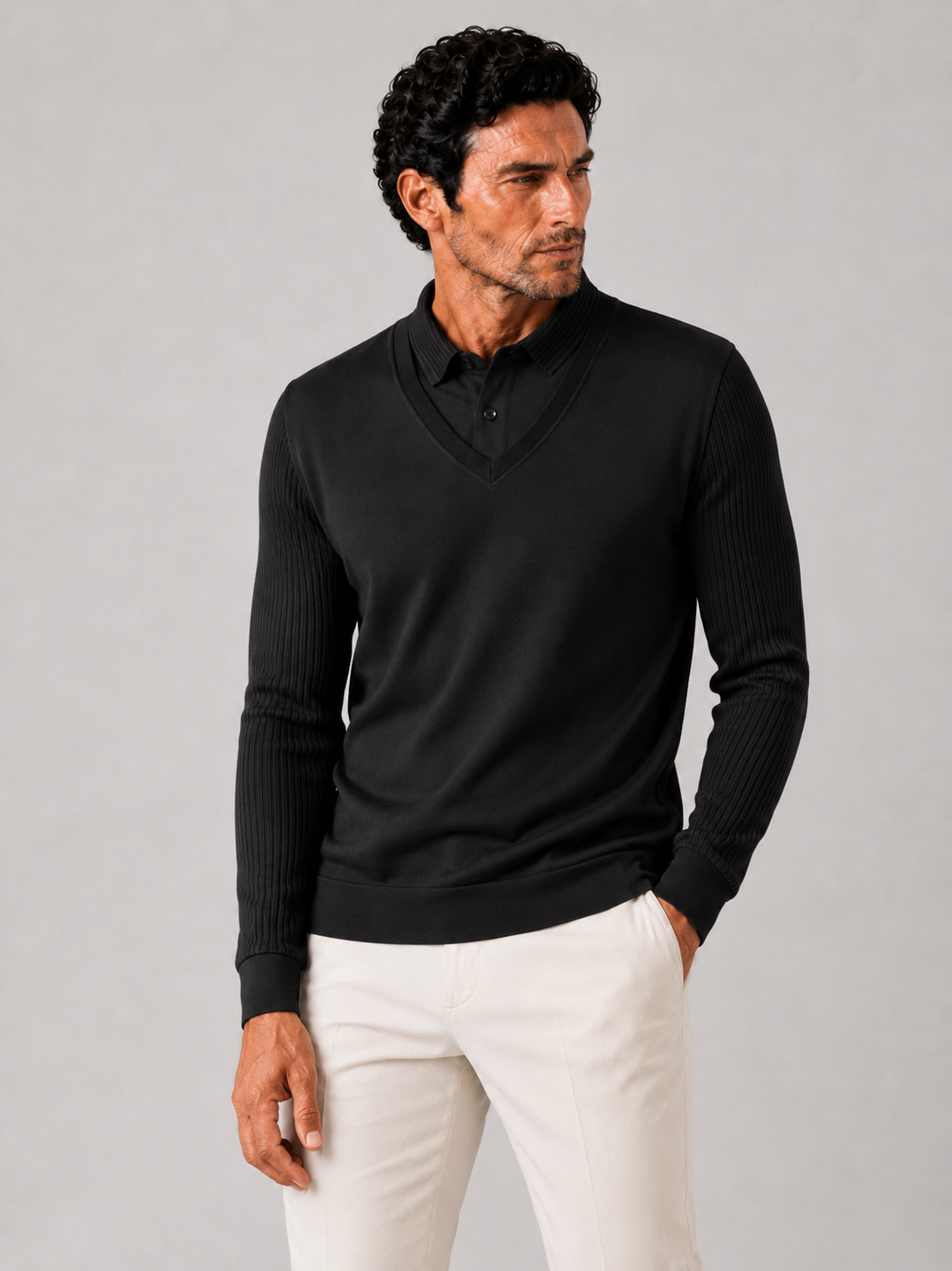 Men wearing black long sleeve polo shirt lightweight solid color business casual office style