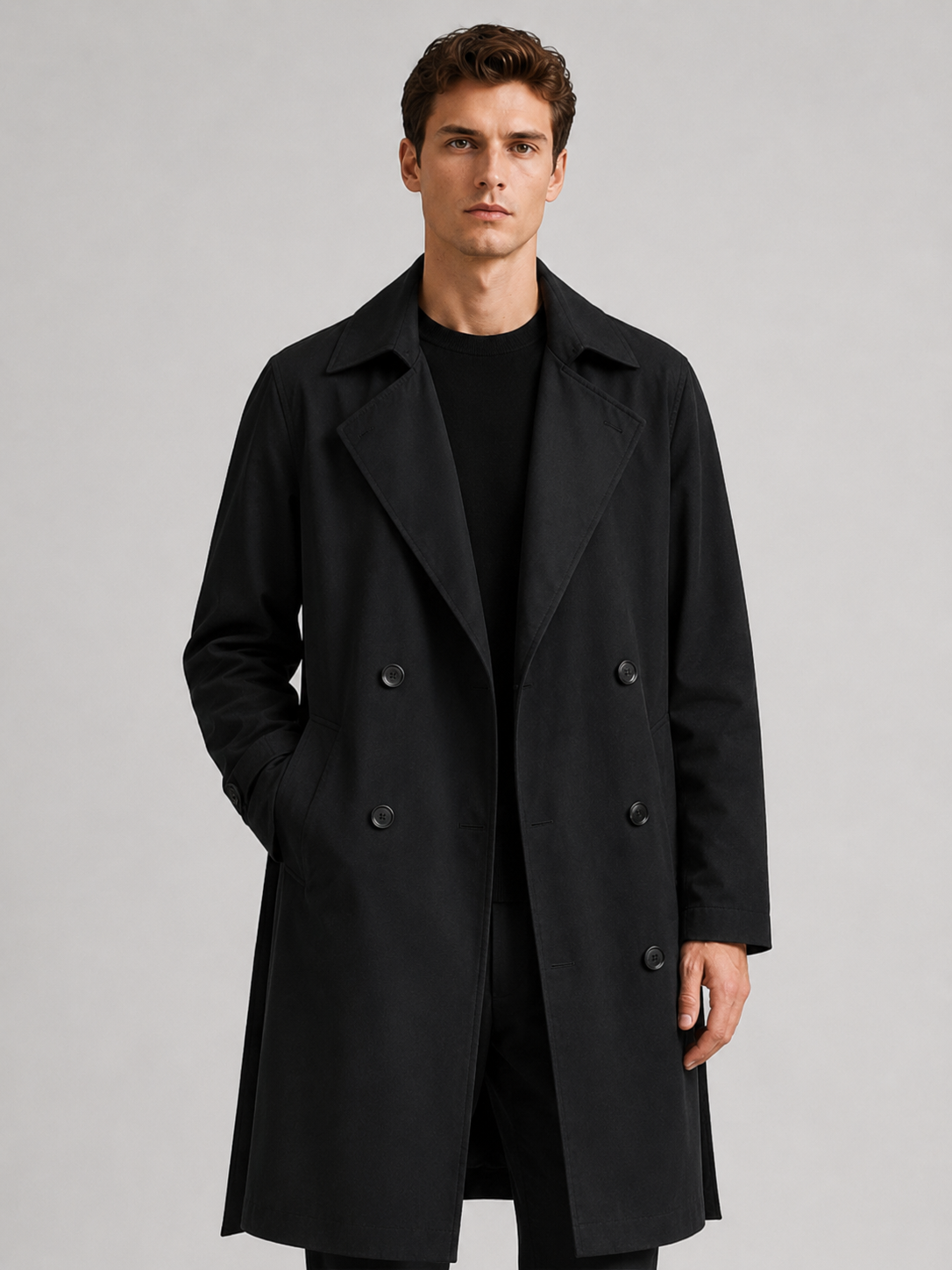 Men wearing black long trench coat over the knee waterproof windbreaker fall travel style