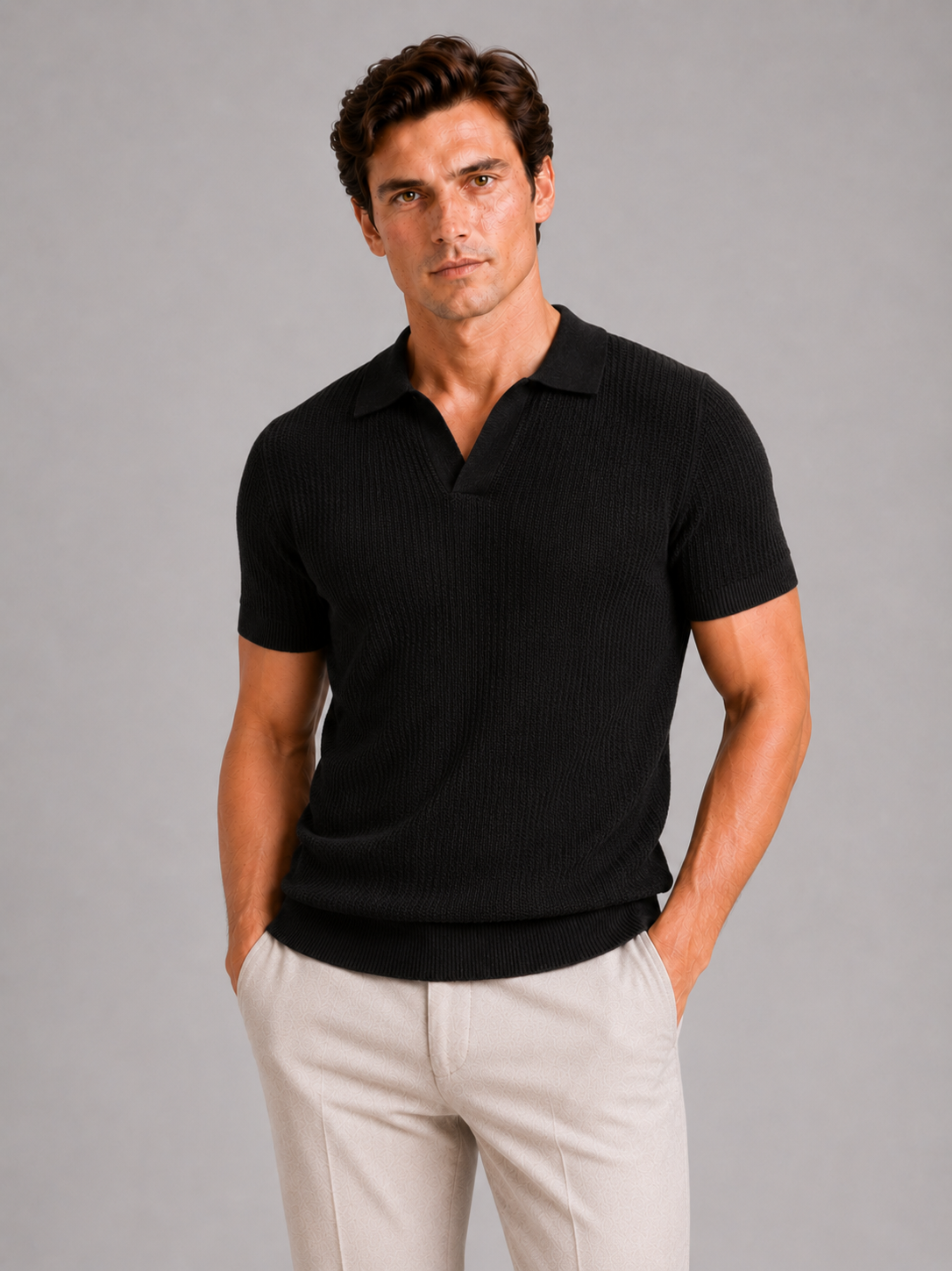 Men wearing black knit polo shirt slim fit wrinkle resistant breathable summer business casual style