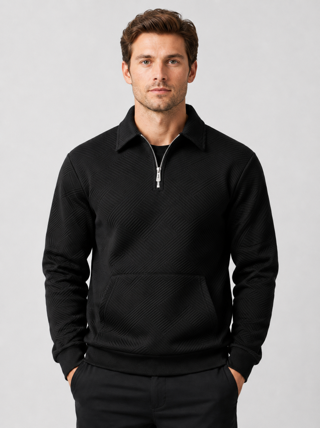 Men wearing black quarter zip sweater long sleeve solid color fall outdoor casual style