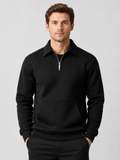 Men wearing black quarter zip sweater long sleeve solid color fall outdoor casual style