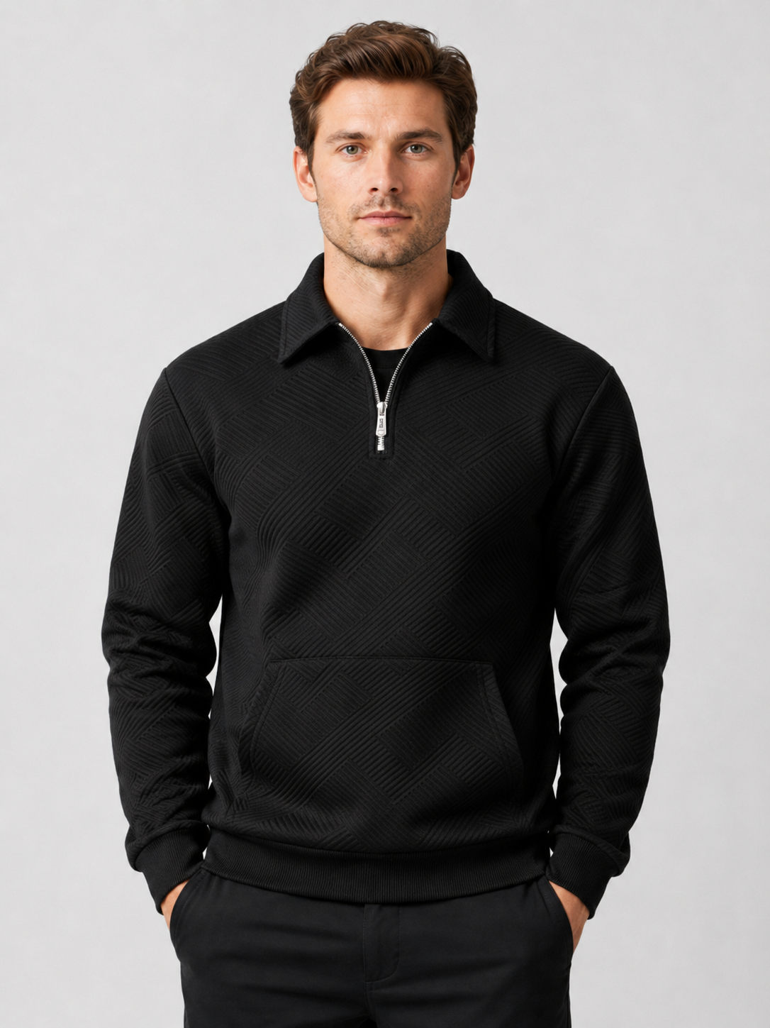 Men wearing black quarter zip sweater long sleeve solid color fall outdoor casual style