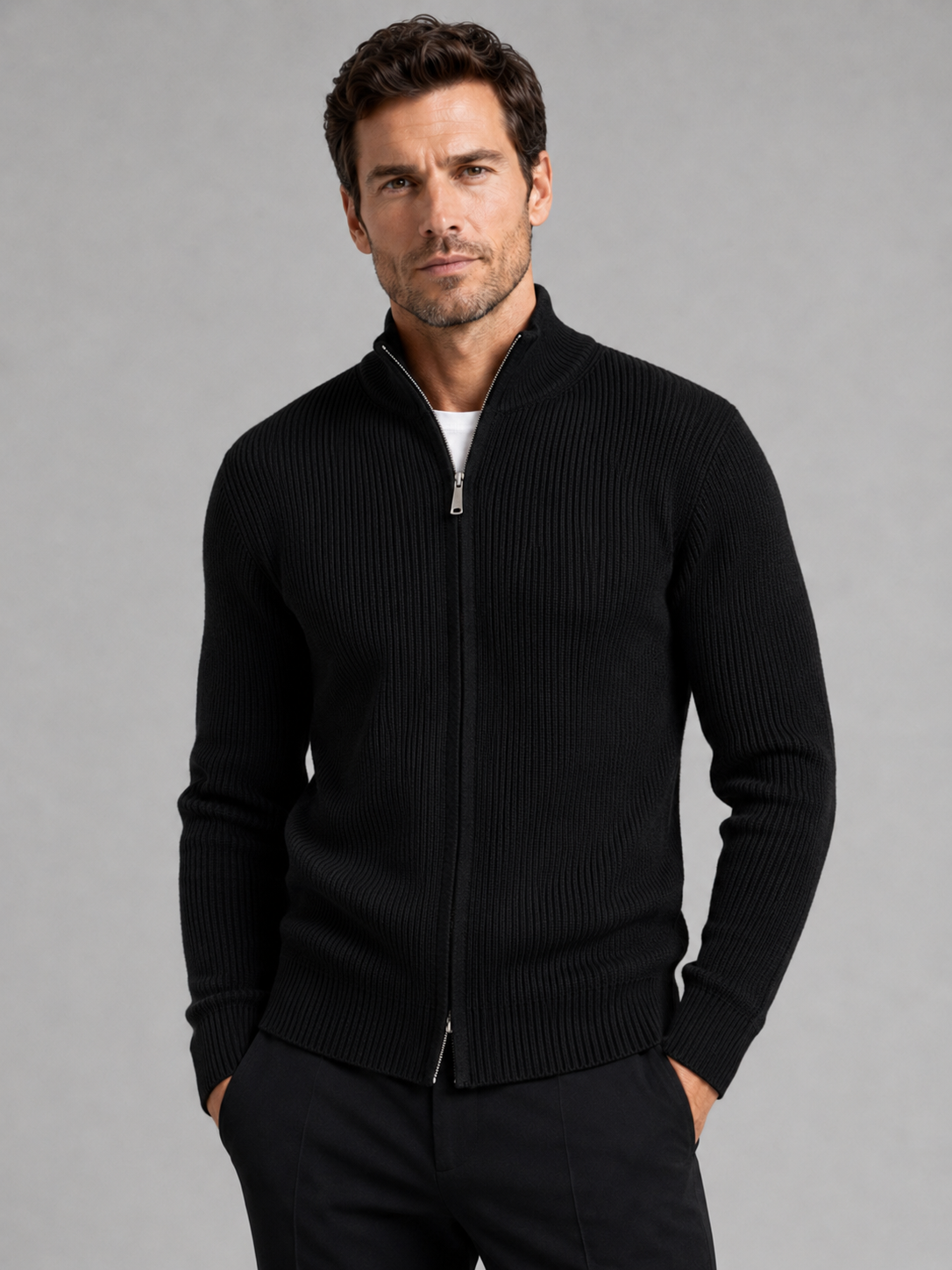 Front view of a man wearing a black ribbed knit cardigan sweater with a full zip front, stand collar, slim fit, and long sleeves