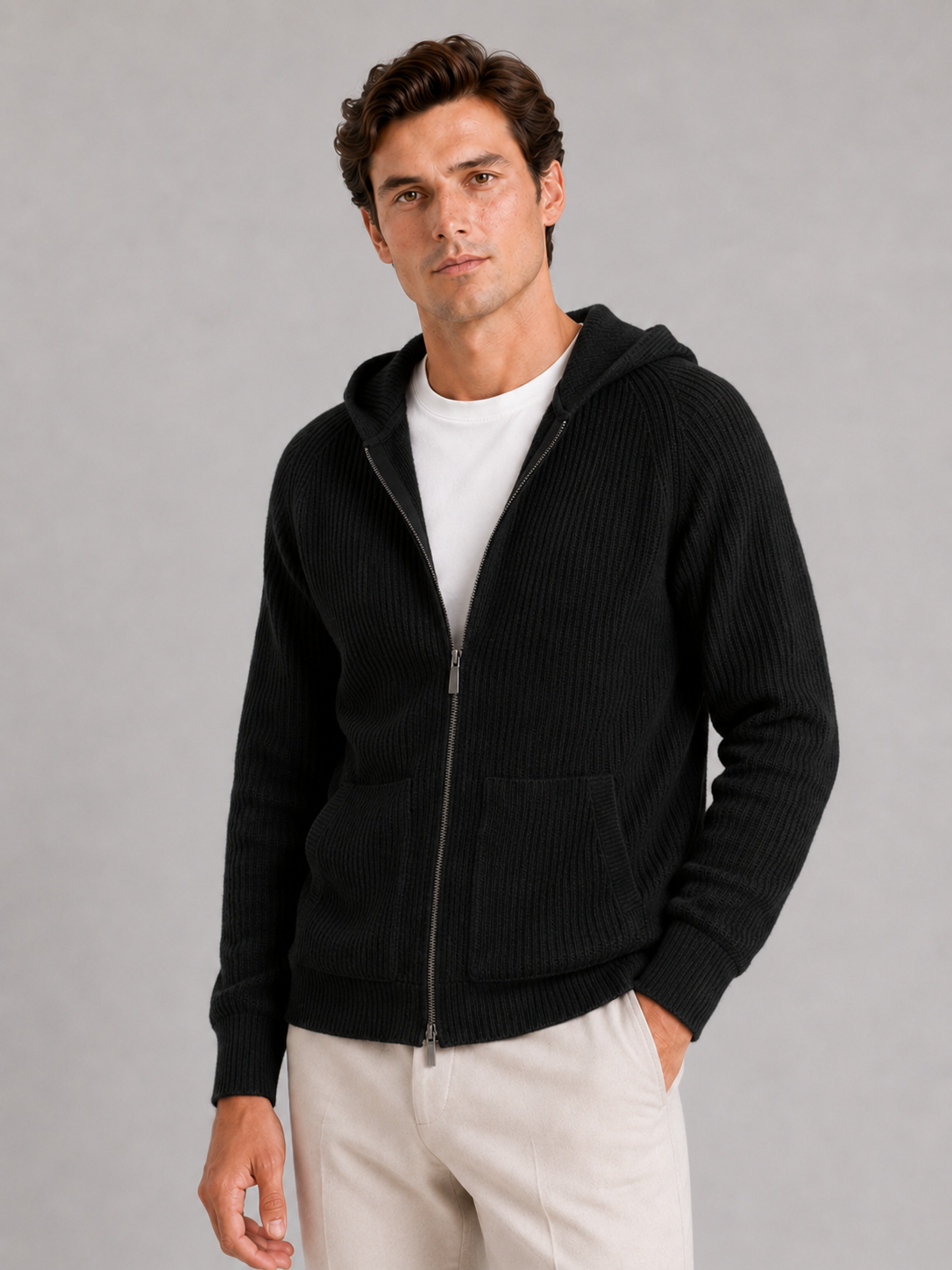 Men wearing black merino wool zip hoodie cardigan thick knit fall winter casual style