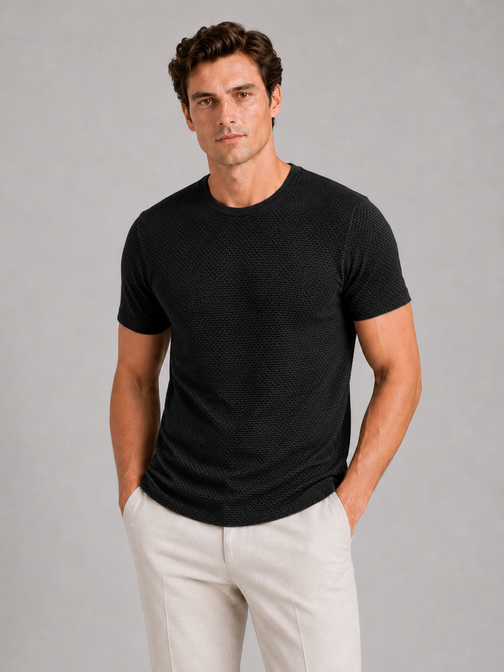 Men wearing black mesh crew neck t shirt breathable lightweight stretch summer casual style