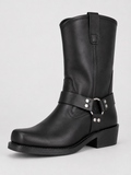 Angled view of black men’s mid calf cowboy boots with a leather upper, slip-on design, western style, and durable outsole
