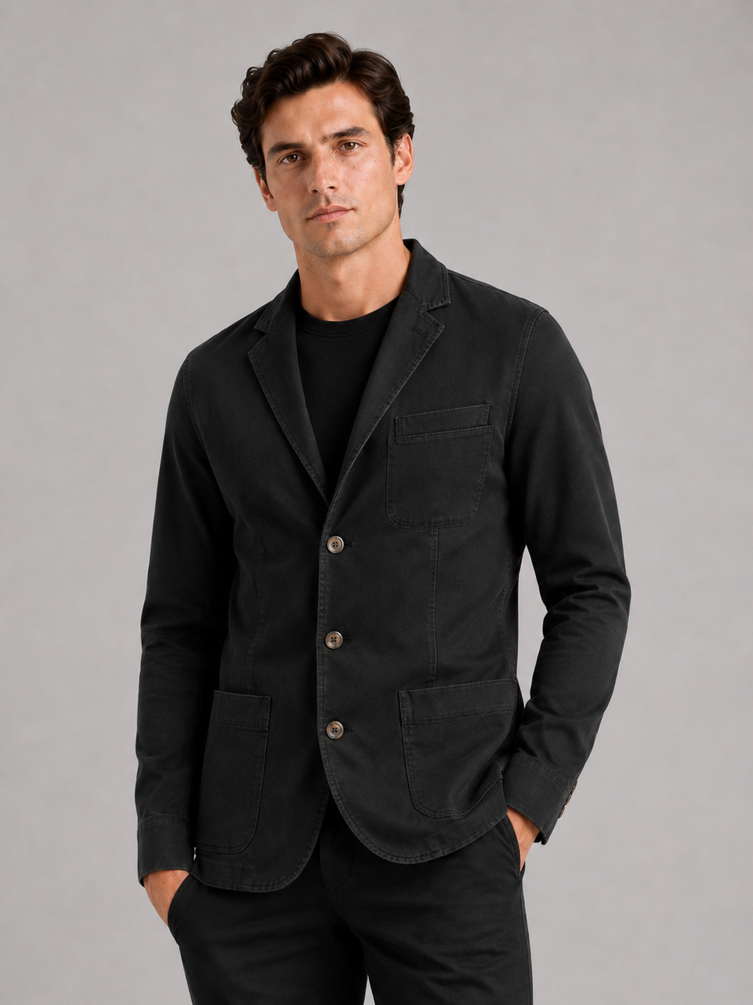 Men wearing black military blazer jacket washed cotton casual fall business casual style