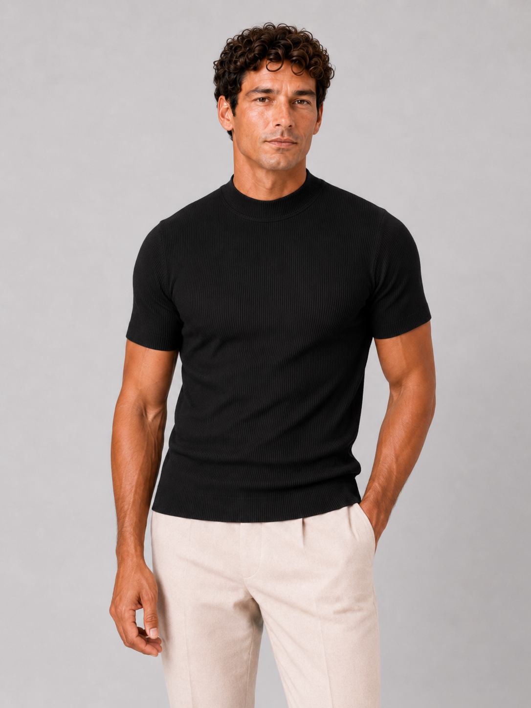 Men wearing black mock neck ribbed t shirt fitted stretch short sleeve summer style