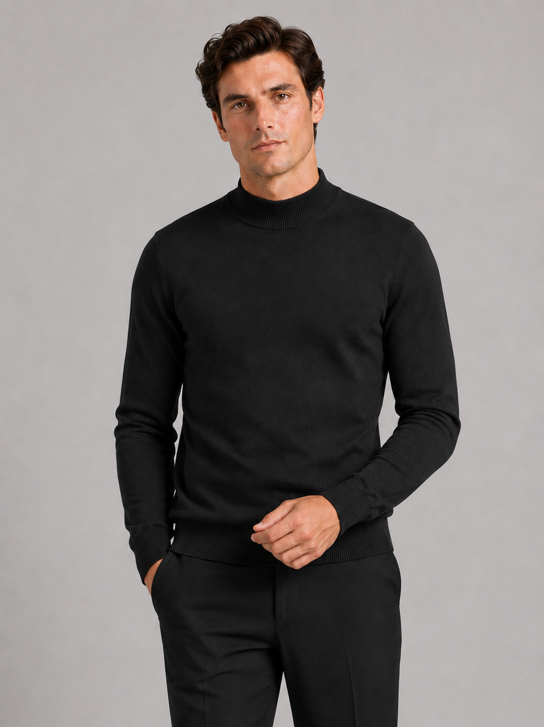Men wearing black mock neck sweater slim fit knit pullover warm winter casual style